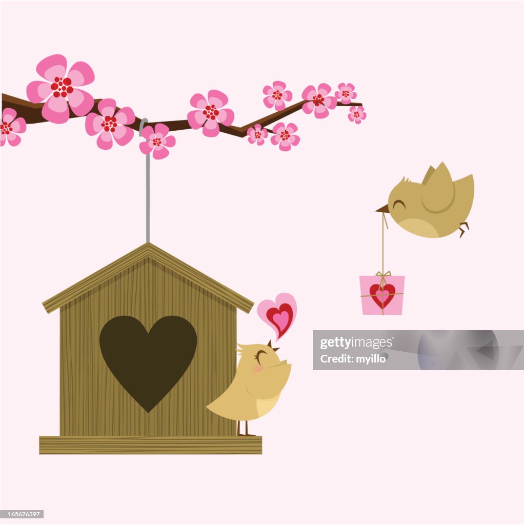 Love bird. St. Valentine card. Happy birthday. sakura