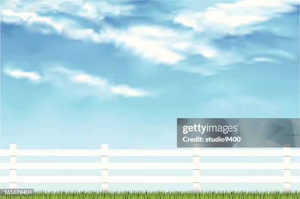 white fence summer day - stratosphere stock illustrations