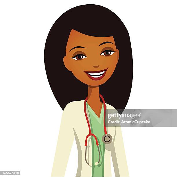 stockillustraties, clipart, cartoons en iconen met smiling female doctor in scrubs and lab coat - vrouwelijke dokter