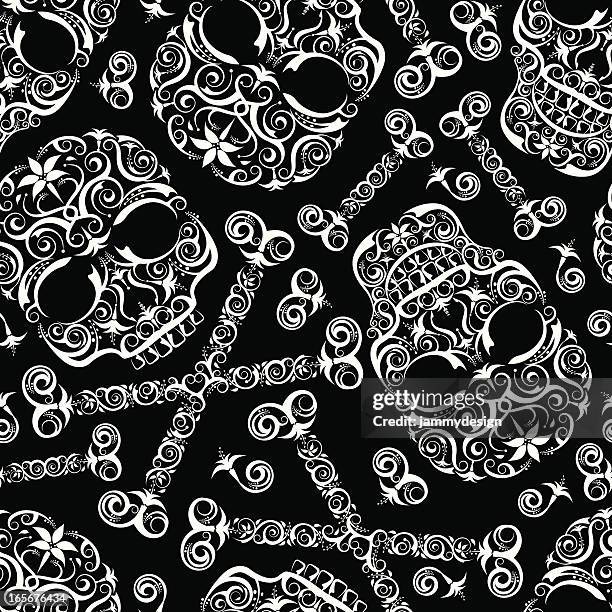 skulls seamless pattern - black lace background stock illustrations