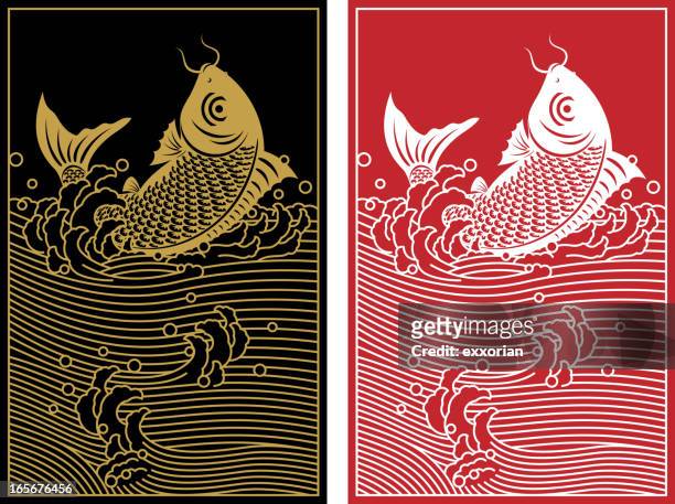 jumping carp chinese paper-cut art - koi carp stock illustrations
