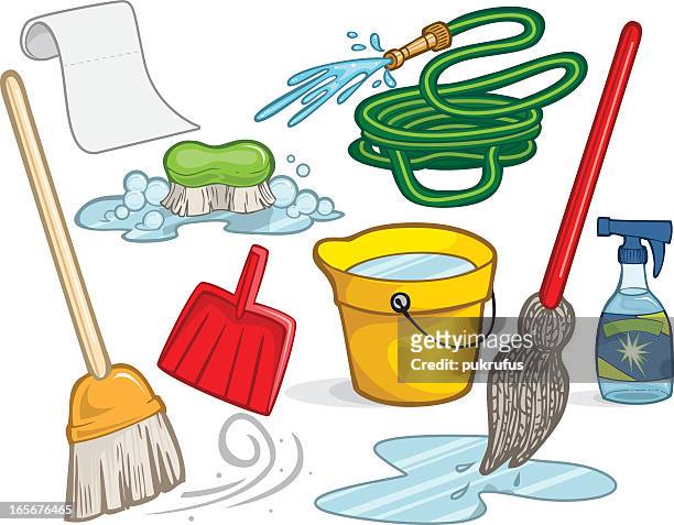 ilustraciones, imágenes clip art, dibujos animados e iconos de stock de productos de limpieza - dustpan and brush