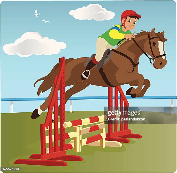 jumping horse with boy rider - equestrian show jumping stock illustrations
