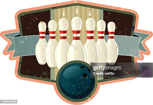 retro bowling crest with ball and pins - bowling alley pins stock illustrations