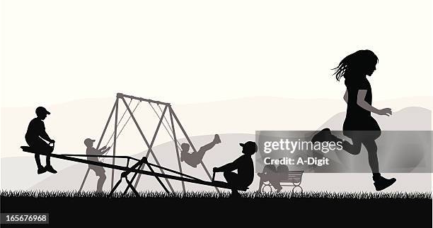 kids at play vector silhouette - child swing silhouette stock illustrations