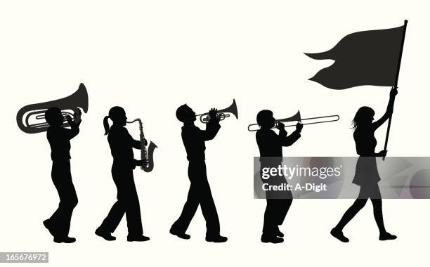 brass band vector silhouette - wind instrument stock illustrations