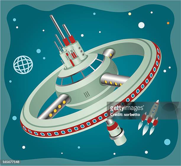 an illustration of a rocket and a space station - space station stock illustrations