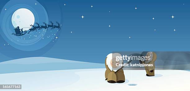 eskimo sees santa - reindeer stock illustrations