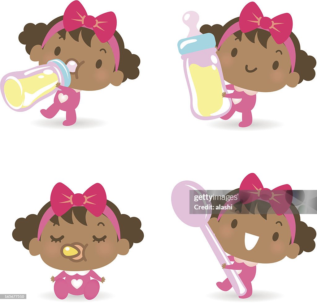 Cute Babies feeding (eating), drinking from milk bottle, sleeping