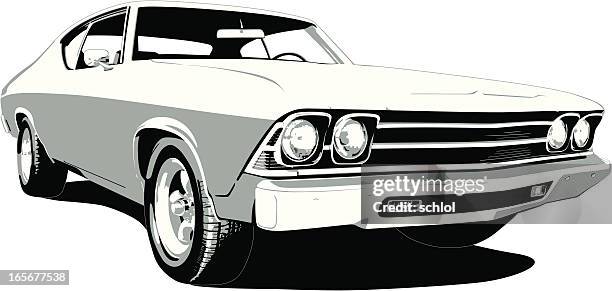 black & white 1969 chevelle ss - old fashioned car stock illustrations