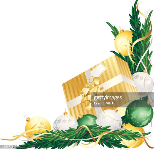 green red christmas present and bauble corner right - pine background stock illustrations