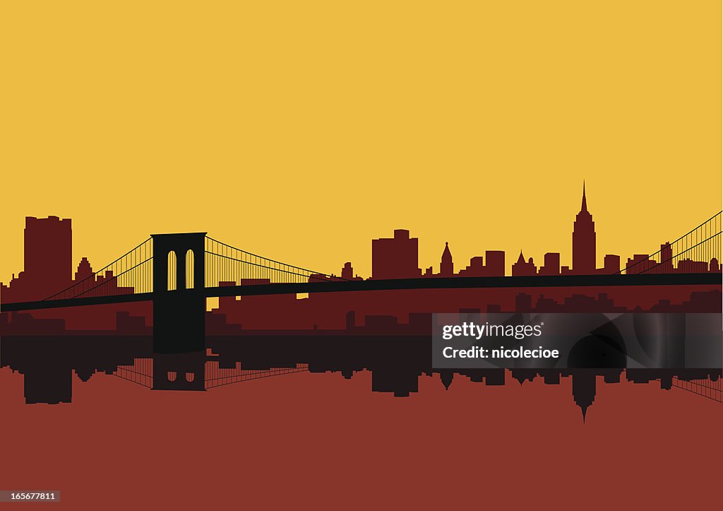 New York city skyline in shades of red against a yellow sky
