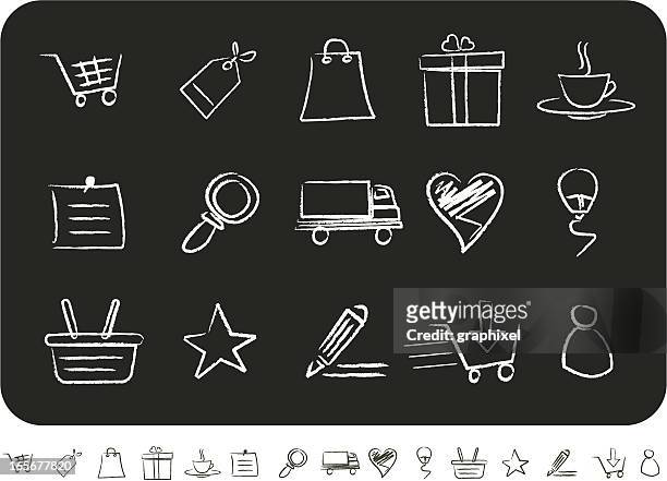 skizzierte shopping symbole - einkaufskorb stock-grafiken, -clipart, -cartoons und -symbole