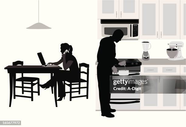 kitchen couple vector silhouette - couple cooking stock illustrations
