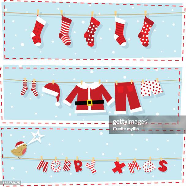 christmas banners, xmas stocking & santa claus costume - hanging stock illustrations