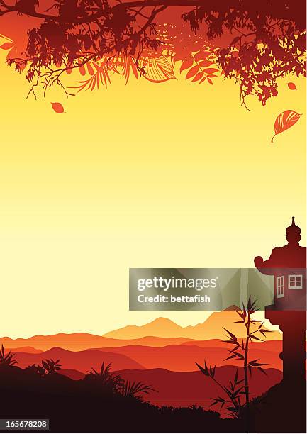 sunset with japanese lantern - autumnal forest trees japan stock illustrations