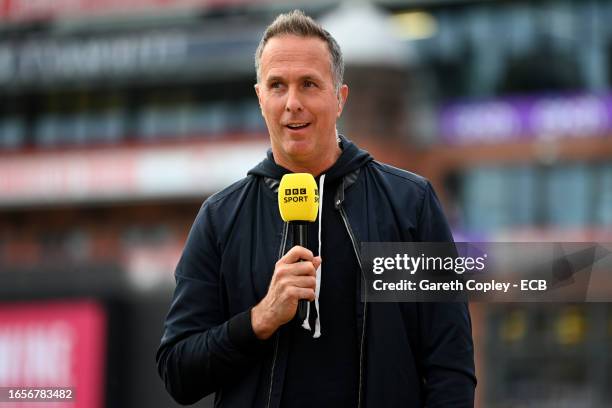 Former England captain and BBC commentator Michael Vaughan during the 2nd Vitality T20 International between England and New Zealand at Emirates Old...