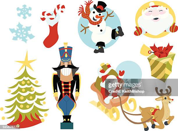 christmas symbols - snowman, santa, present, stocking - nutcracker stock illustrations