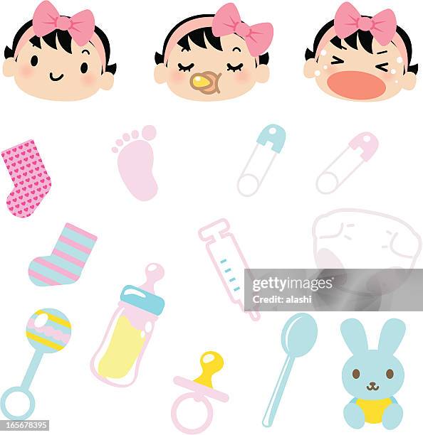 stockillustraties, clipart, cartoons en iconen met icon set - cute babies emoticons and baby goods - bow