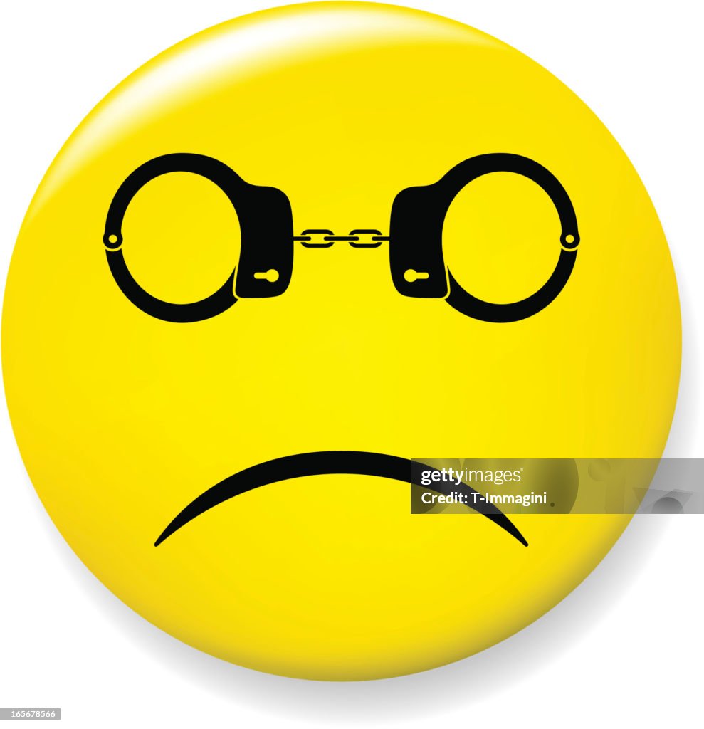 Sad smile pin with handcuffs glasses