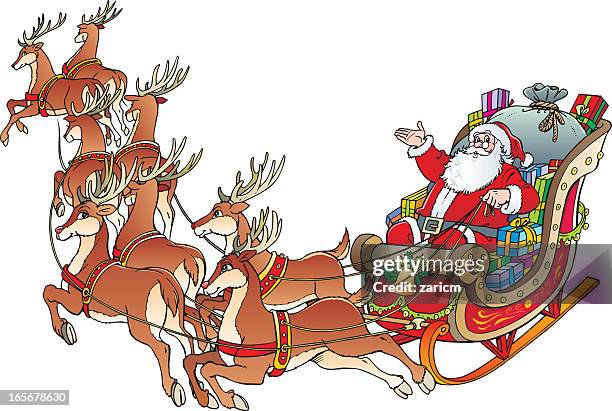 a vector illustration of santa on his sleigh with reindeer - santa sack isolated stock illustrations