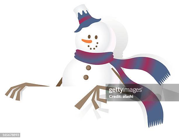 christmas, snowman and blank sign, showing something by index finger - face snow stock illustrations
