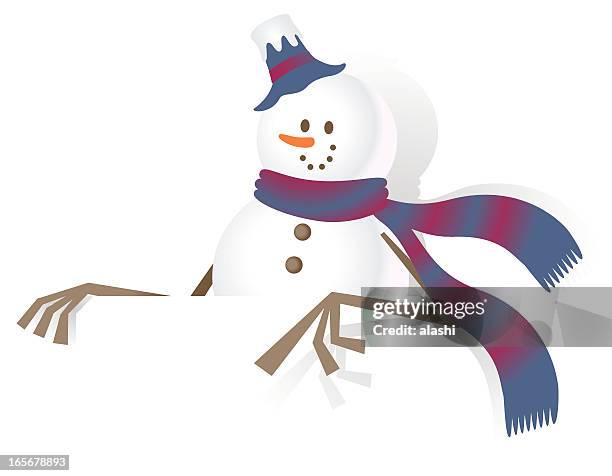 christmas, snowman and blank sign, showing something by index finger - anime ice stock illustrations