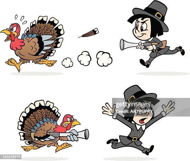 ilustraciones, imágenes clip art, dibujos animados e iconos de stock de turquía se conseguido por pilgrim - turkey hunting