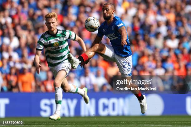Kemar Roofe of Rangers jumps to control the ball during the Cinch Scottish Premiership match between Rangers FC and Celtic FC at Ibrox Stadium on...