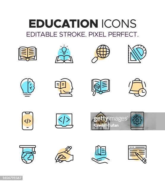 education icon set - learning, school, student, classroom, books, teacher, graduation, knowledge - college admission stock illustrations