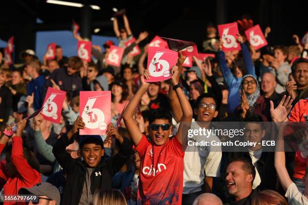 Cricket fans cheer during the 2nd Vitality T20 International between England and New Zealand at Emirates Old Trafford on September 01, 2023 in...