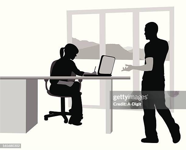 office talk vector silhouette - woman looking through window stock illustrations