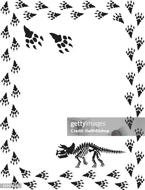 stockillustraties, clipart, cartoons en iconen met dinosaur skeleton triceratops and footprints - dinosaur skeleton