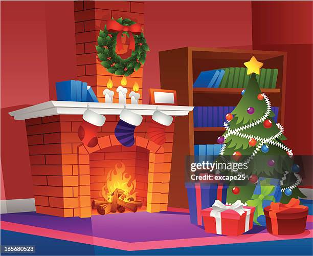 christmas decor at home - fireplace stock illustrations