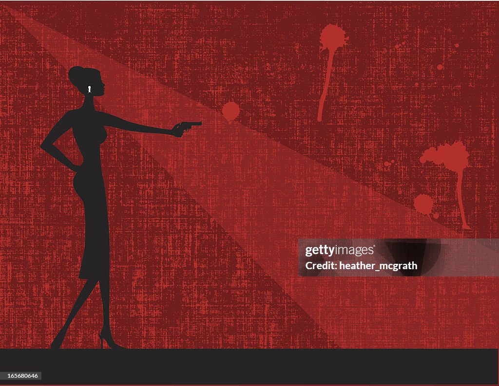 Woman with a gun in red background illustration