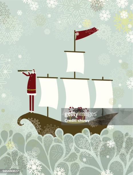 santa's christmas boat - nautical background stock illustrations