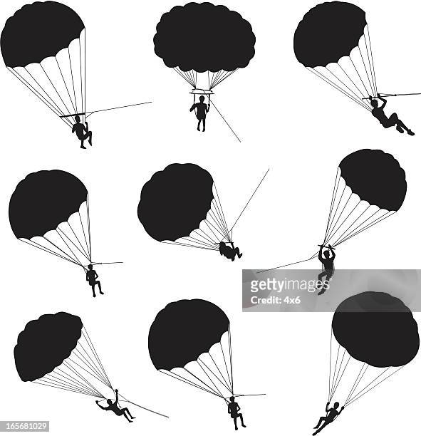 ilustraciones, imágenes clip art, dibujos animados e iconos de stock de personas paracaidismo en lancha - paracaídas