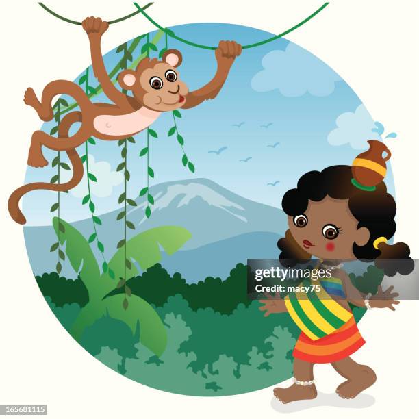 stockillustraties, clipart, cartoons en iconen met african girl and monkey - kilimanjaro