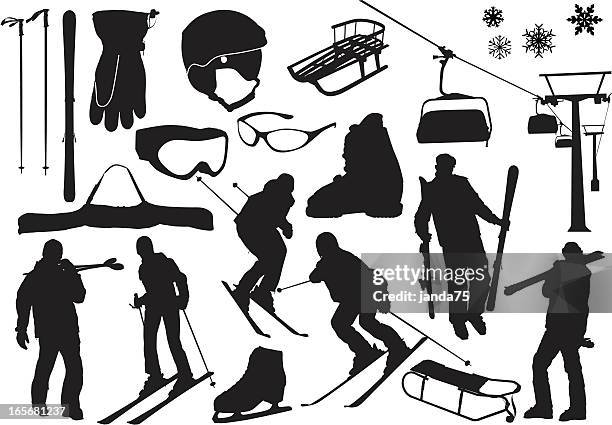 ilustrações, clipart, desenhos animados e ícones de silhuetas de esqui - ski slope