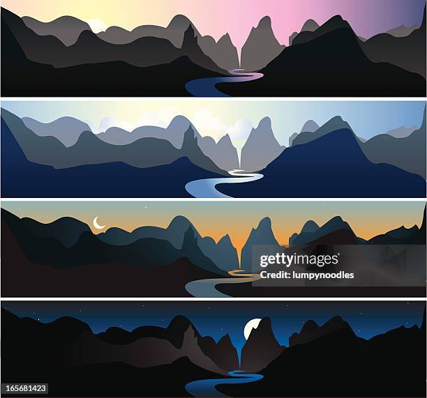 mountain landscapes | dawn, morning, dusk, & night - gibbous moon stock illustrations