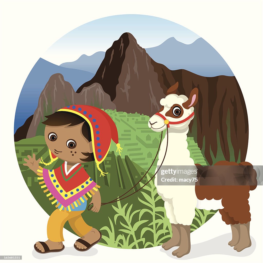 Peru Machu Picchu boy and llama