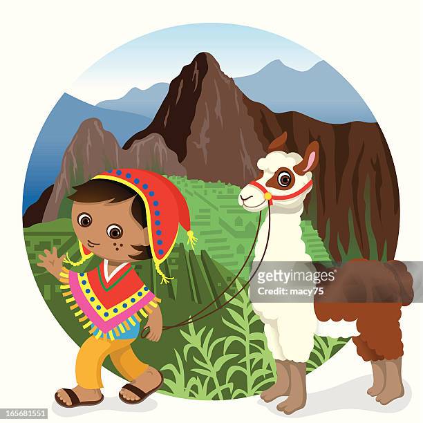 peru machu picchu boy and llama - llama animal 幅插畫檔、美工圖案、卡通及圖標