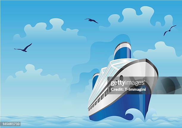 blue boat in the sea - passenger ship stock illustrations