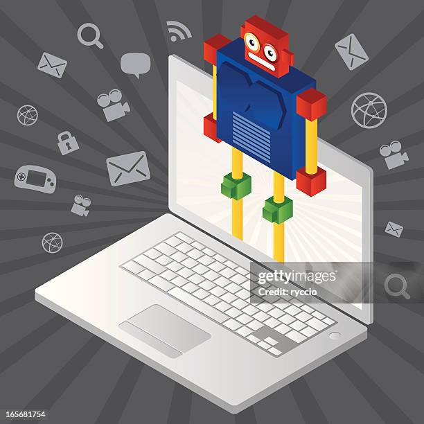 android os - robot system on laptop - isometric computer game stock illustrations