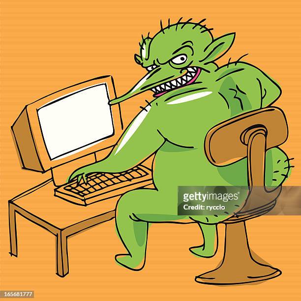 troll using a pc - ugly cartoon characters stock illustrations