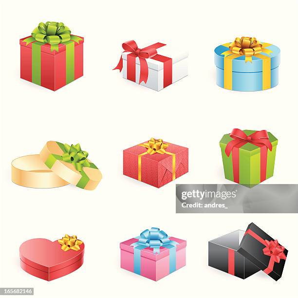 multicolored gift boxes with bows and ribbons - red christmas bows stock illustrations