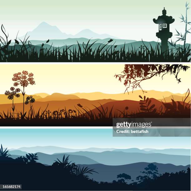 ilustrações de stock, clip art, desenhos animados e ícones de banners de paisagem - japan wallpaper silhouette