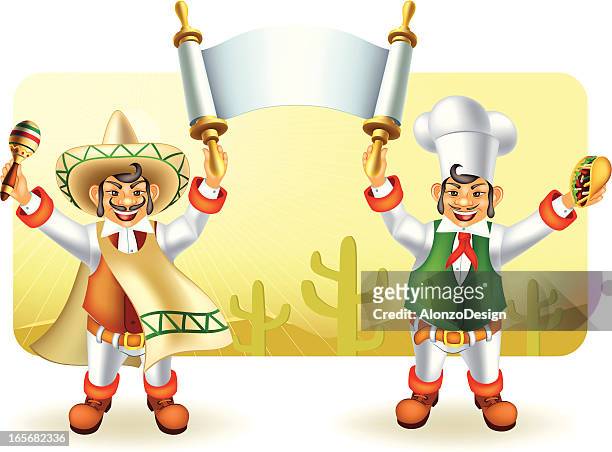 mariachi und mexikanischen koch hält einen banner - tache sang stock-grafiken, -clipart, -cartoons und -symbole