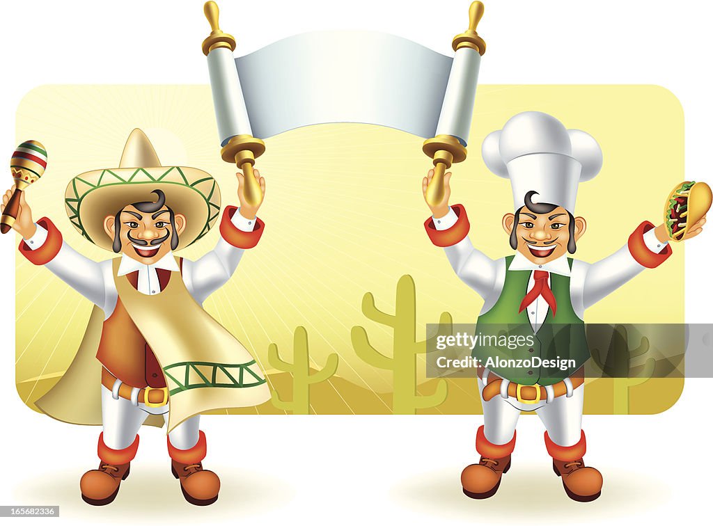 Mariachi and mexican chef holding a banner