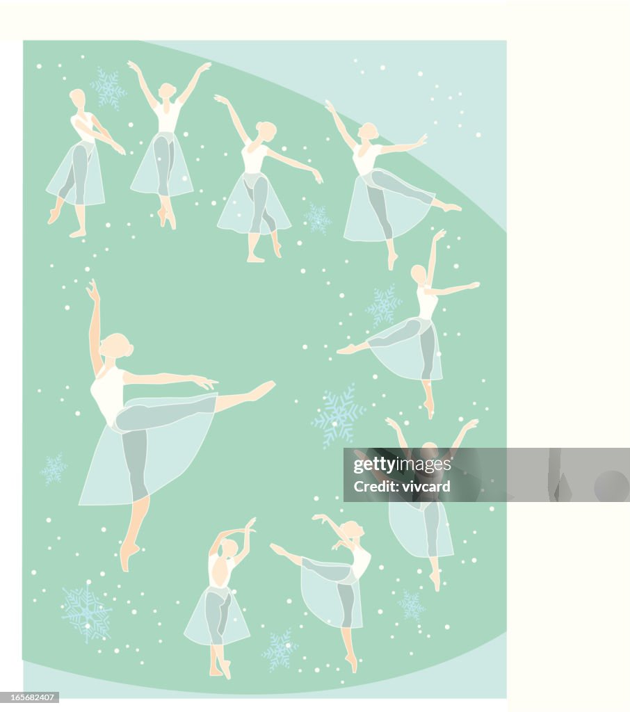 Illustration of nine ballet dancers inside a green circle